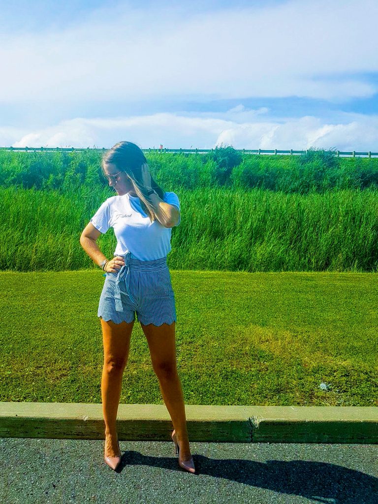 Striped shorts and white tee 